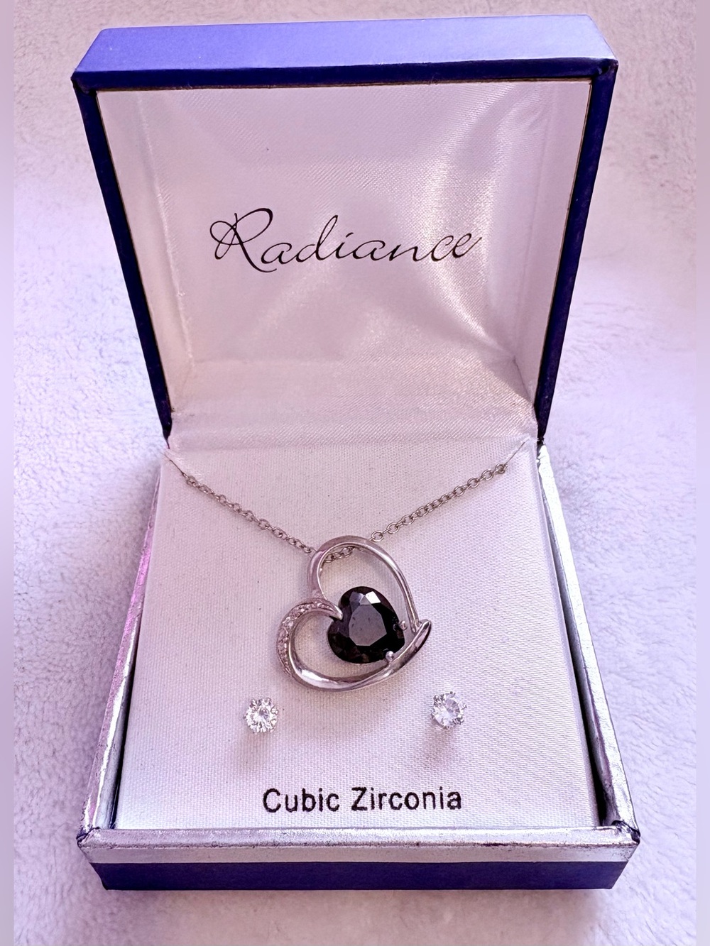 Silver Heart Necklace with Black Stone and Cubic Zirconia Accent